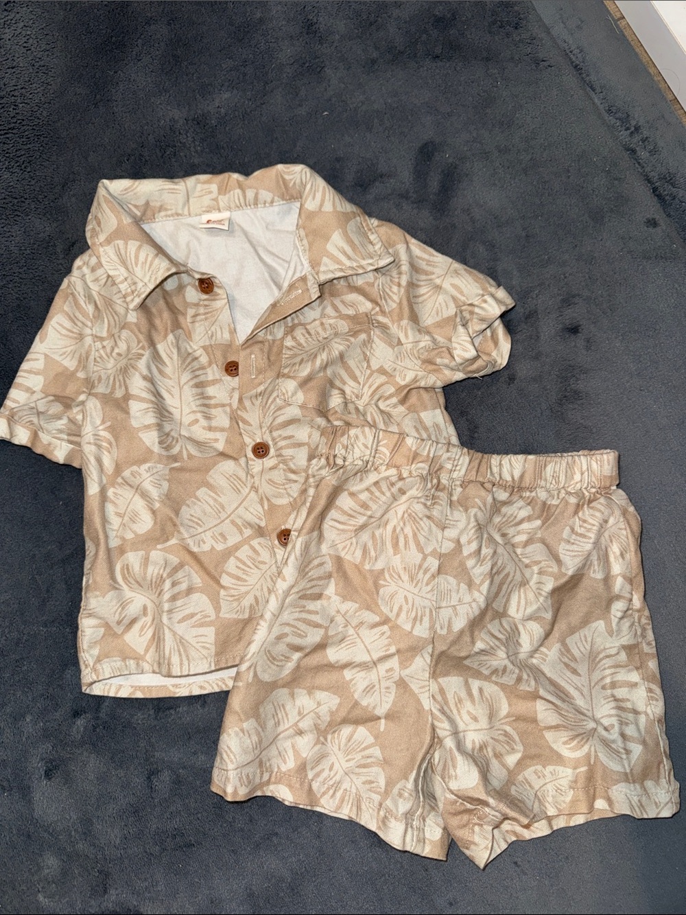 Boy Beige Leaf-Print Set - Lightweight Short Sleeve